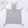 Grey cotton gauze baby comforter towel with cute rabbit head and knot corners - 30*30 cm / Printed Bean Green