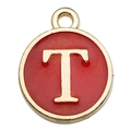 Golden round pendant with red enamel finish featuring the uppercase letter T - Double-Sided Letter T / 1 Piece (12x14mm) / Red