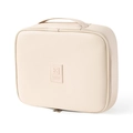 Cream-colored PU leather travel storage bag with top handle and double-zipper closure - Beige