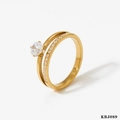 Golden double band ring with CNC micro-pave diamonds and round clear gemstone center - US 6 / Double Row Split Pave Style (KBJ089) / Gold