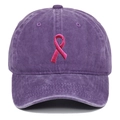 Detailed view of pink ribbon embroidery on washed purple cotton baseball cap - Purple