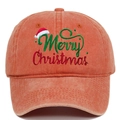 Close-up of Merry Christmas embroidery on washed distressed cotton baseball cap - Adjustable / Orange