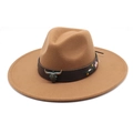 Detail of camel wool felt fedora with floral embroidery and bronze bull head emblem - M (56-58cm) / Khaki