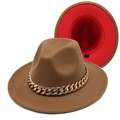 Two-tone fedora hat in brown with red lining and chunky gold acrylic chain decoration - Khaki and Red