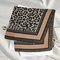 Elegant square leopard print silk scarf with geometric border in brown and beige tones - Leopard Print Khaki Scarf / 65