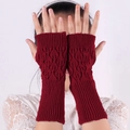 Women long fingerless knit gloves with hollow leaf pattern in deep wine red color - Burgundy