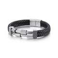 Pulsera punk rock para hombre en cuero trenzado negro con hebilla metálica geométrica - Color Acero