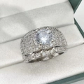 Silver luxury wide band ring featuring a brilliant round cut stone and pavé setting - White Diamond Ring [white Gold] Ljz-112 / Adjustable Open