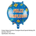 Blue 18-inch round foil balloon with Feliz Cumpleaños text and gift patterns - Round Blue Background Gift Spanish Birthday Balloon