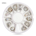 Nail art AB rhinestones in various shapes with silver base in a white circular tray - AB Aurora Alloy Claw Rhinestones (sp0051)