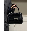Classic black crocodile embossed shiny patent leather handbag with silver hardware - Black