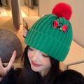 Festive green knitted beanie with a red pompom and bow decoration for Christmas - 3554-Elk Bow Style / Green