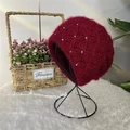 Thick burgundy squirrel velvet knit beanie with pearl accents and slouchy style - Burgundy