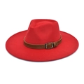 Detailed view of red fedora wool hat with brown leather band and silver metal buckle - M (56-58cm) / Red