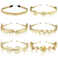 Detail view of six golden bridal headbands with pearls and floral leaf designs - Gold 6-Piece Set Style 15# (As Pictured)