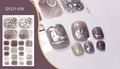 Detail view of mauve and gold glitter toenail stickers QYJ21-039 with application demo - Gray Purple Bean Paste Gold Laser Style (QYJ21-039)