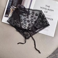 Detail of black triangle lace hair scarf with floral embroidery and pom-pom edges - Black Small Flower Vine (SJJ04-12)