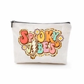 White canvas makeup bag with colorful Spooky Vibes floral print and metal zipper closure - Spooky Vibes