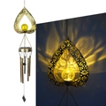 Solar powered heart wind chime with golden metal tubes and warm yellow cracked glass ball - Heart Wind Chime