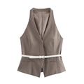 Gilet de costume élégant à rayures marron foncé pour femme avec ceinture blanche - XS / Kaki