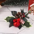 Christmas pick with pine cone, red berries and green plaid bows on white wood background - Style 2