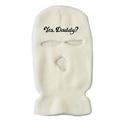 Close-up of white ribbed knit ski mask with Yes Daddy text embroidery on forehead - One Size / White
