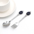 Silver coffee spoon and fork set with dark blue starry gemstone handle tips - Spoon / Blue Sandstone (Synthetic)