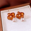 Amber flower drop earrings with 18k gold plating and teardrop zirconia in a jewelry box - Brown Flower Teardrop Zircon Style (80#)