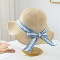 Straw sun hat with blue floral ribbon bow on a golden metal stand display - M(56-58cm) / Blue Floral Lace Ribbon - Beige