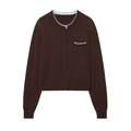 Cardigan da donna in marrone scuro con bordi a contrasto azzurri e scollo rotondo - S / caffè