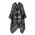 Black and grey geometric knit shawl wrap with fringe edges in a modern ethnic pattern - One Size / Square Grid - Black Grey