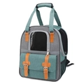 Large gray-green cat travel backpack with mesh windows and leather buckle details - Bath Carrier / Grey Green