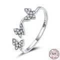 Elegant S925 sterling silver open ring featuring three sparkling cubic zirconia butterflies - Adjustable Open / Butterfly Style (SCR704)
