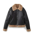 Women's faux shearling flight jacket in black faux leather with brown fur trim - XS / Black