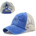 Detail of blue ponytail baseball cap with be kind embroidery and mesh back - One Size / Blue
