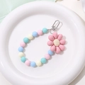 Close-up of pastel beaded keychain with large pink flower charm and silver metal clasp - K1253 Pink Beaded Flower Pendant