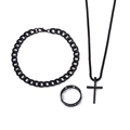 3-piece black stainless steel jewelry set with cross pendant necklace, ring, and cuban bracelet - Three-Piece Cross Collection (6015) / Black