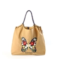 Khaki nylon tote bag with colorful butterfly embroidery and blue striped handles - Khaki Butterfly Flower
