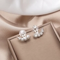 Elegant silver crescent earrings with white pearls and sparkling rhinestones - E4944 Silver Crescent Pearl Rhinestone
