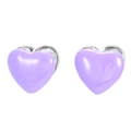 Close-up of purple heart-shaped stud earrings with silver metal base and glossy enamel - Platinum-Purple