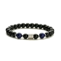 Polished black onyx and blue tiger eye beaded bracelet with silver metal cylinder accent - Lapis Lazuli