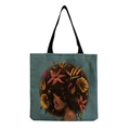 Reusable canvas tote bag with artistic African woman and floral print design - Square Style-Afro Lady Portrait-Sunflower Hair