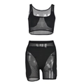 Detail of black mesh two-piece set featuring cutout tank top and high-waisted shorts - M / Black