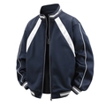 Men's navy colorblock sports jacket with striped stand collar and sleeve tape details - M / Navy Blue