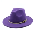 Detail of dark purple wool fedora hat with cream braided band and bronze metal accents - Purple