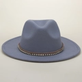Classic grey-blue wide brim fedora hat with brown braided band and metallic bead accents - M (56-58cm) / Gray