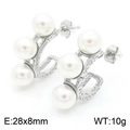 Silver retro C-shape stainless steel earrings with three pearls and engraved texture - Style A Steel Color (KE113802-KFC)