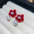 Elegant red floral earrings with sparkling zircon centers and hanging white pearls - Silver Pin - Red - Flower Pearl Zirconia (44#)