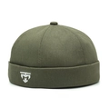 Army green cotton docker cap with white geometric embroidery on brimless cuff - Adjustable / Army Green