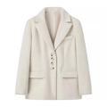 Creamy white plush faux fur blazer jacket with notched lapels and four-button front - S / Milky White